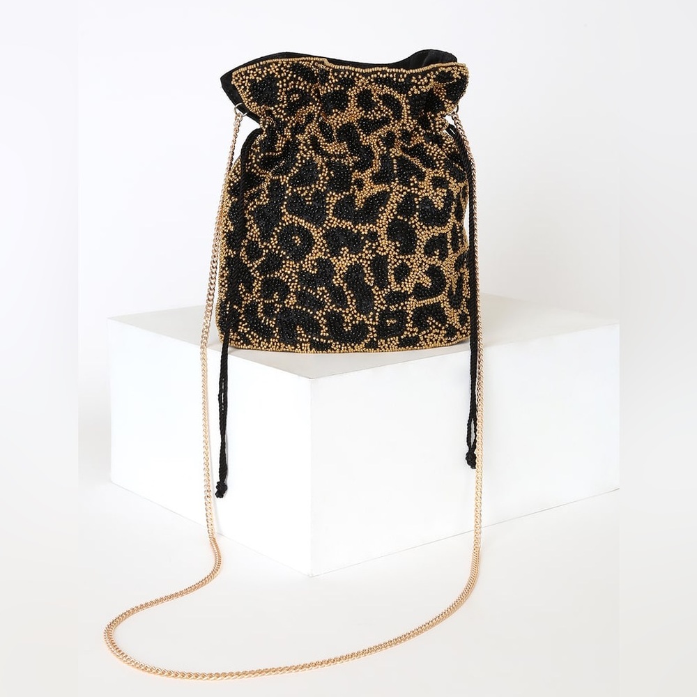 Lulu's Black and Gold Beaded Drawstring Crossbody Bag